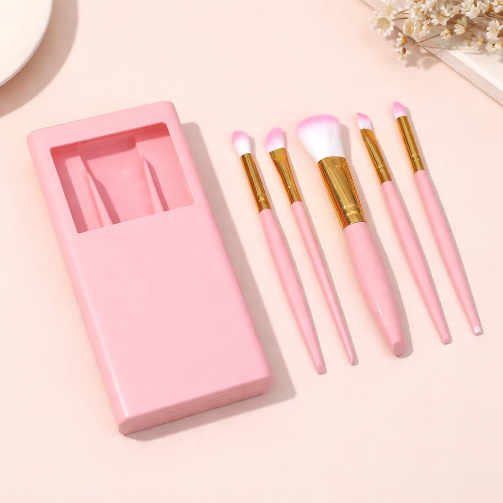 Makeup Brush Set, Pink, Soft Synthetic Bristles, Gold Ferrule, with Storage Case