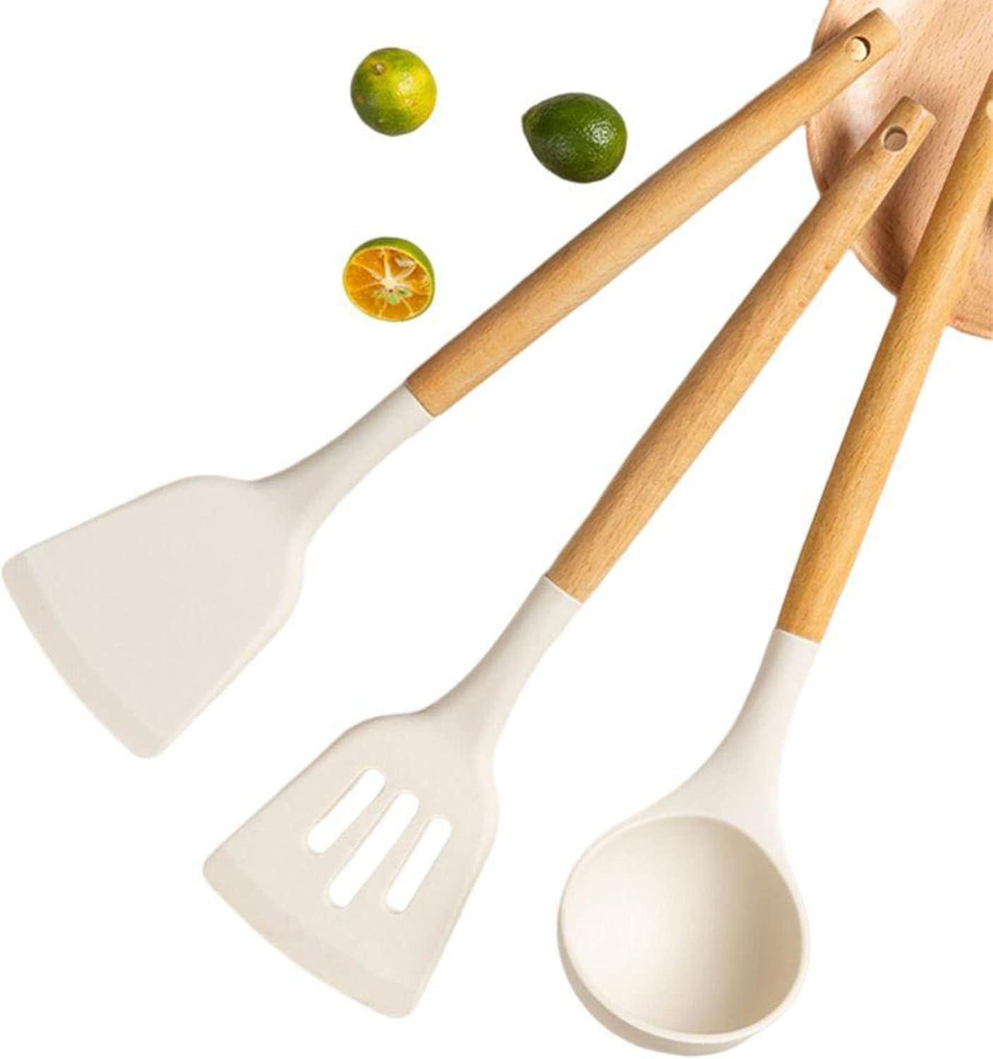 Silicon Spatula Set for Kitchen, Non-Stick Cooking Utensils with Wooden Handle, Turner Serving Spoon and Combs, Set of 3, Cream