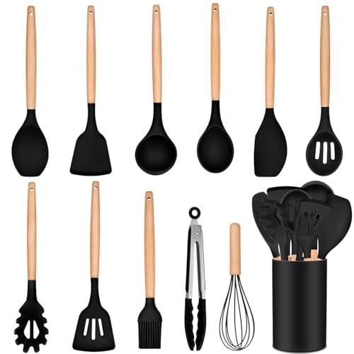 12 Pcs Silicone Cooking Utensils Set with Holder - Heat Resistant Spatula Turner Set, Wooden Spoons, Kitchen Gadgets Tools for Nonstick Cookware (12, Green)