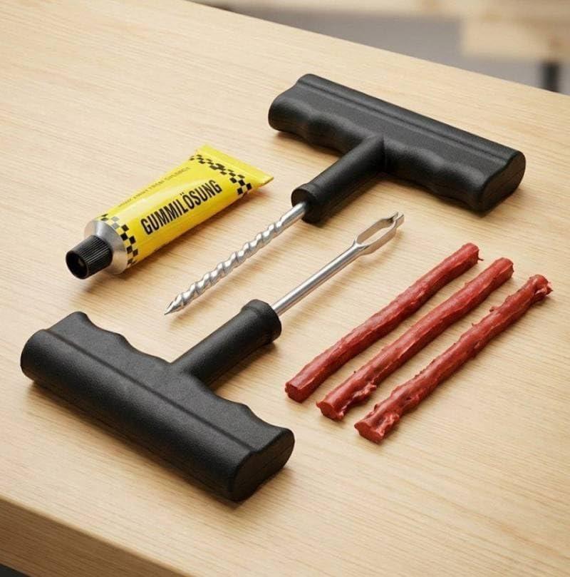 Tubeless Tyre Puncture Repair Kit with Reamer, Probe, Strip Plugs and Sealant for Cars, Bikes a& Auto Vehicles.