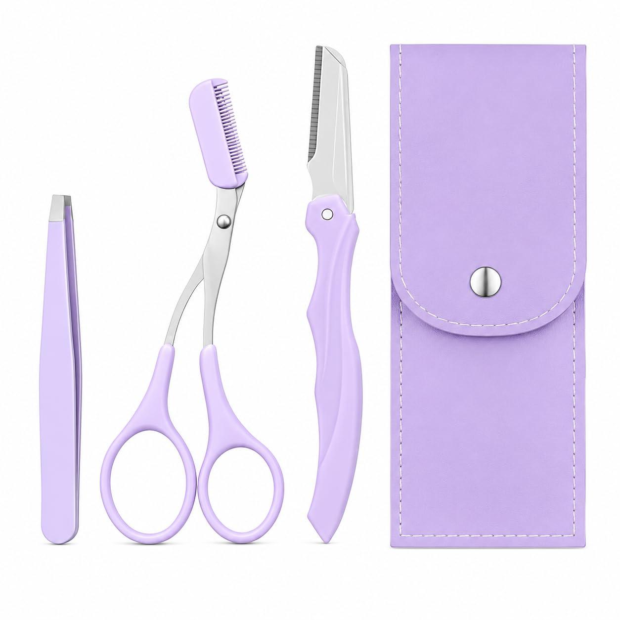 CRULAC 3-in-1 Eyebrow Grooming Kit for Women with Case, Eyebrow Scissors with Comb, Facial Razor & Slant Tweezers, Brow Shaping & Facial Hair Removal, Lavender