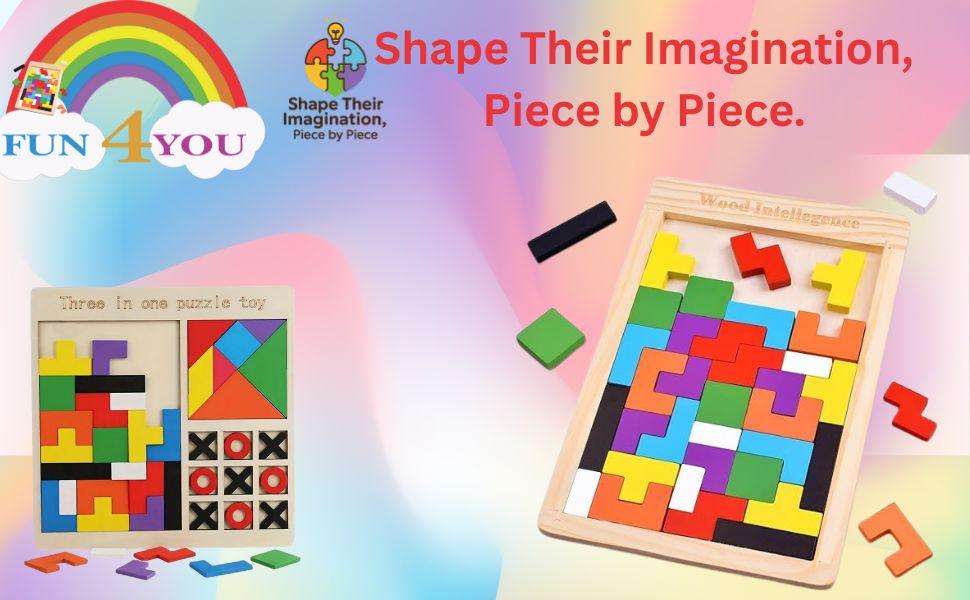 Fun4You Wood Intelligence Puzzle Board for Kids | Montessori Wooden Tetris Game | Early Learning Educational Toy | Colorful Brain Development Block Puzzle (27x18 cm)