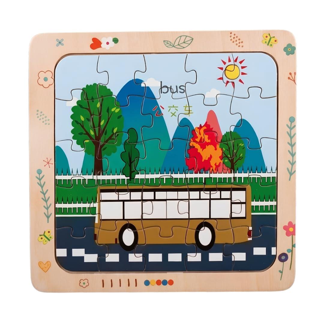 Wooden Bus Puzzle for Kids, Vehicle Jigsaw Puzzle Board,Educational Learning Toy,Preschool Montessori Game,Wooden Transport Puzzle for Boys & Girls, Fine Motor Skills & Hand Eye Coordination.