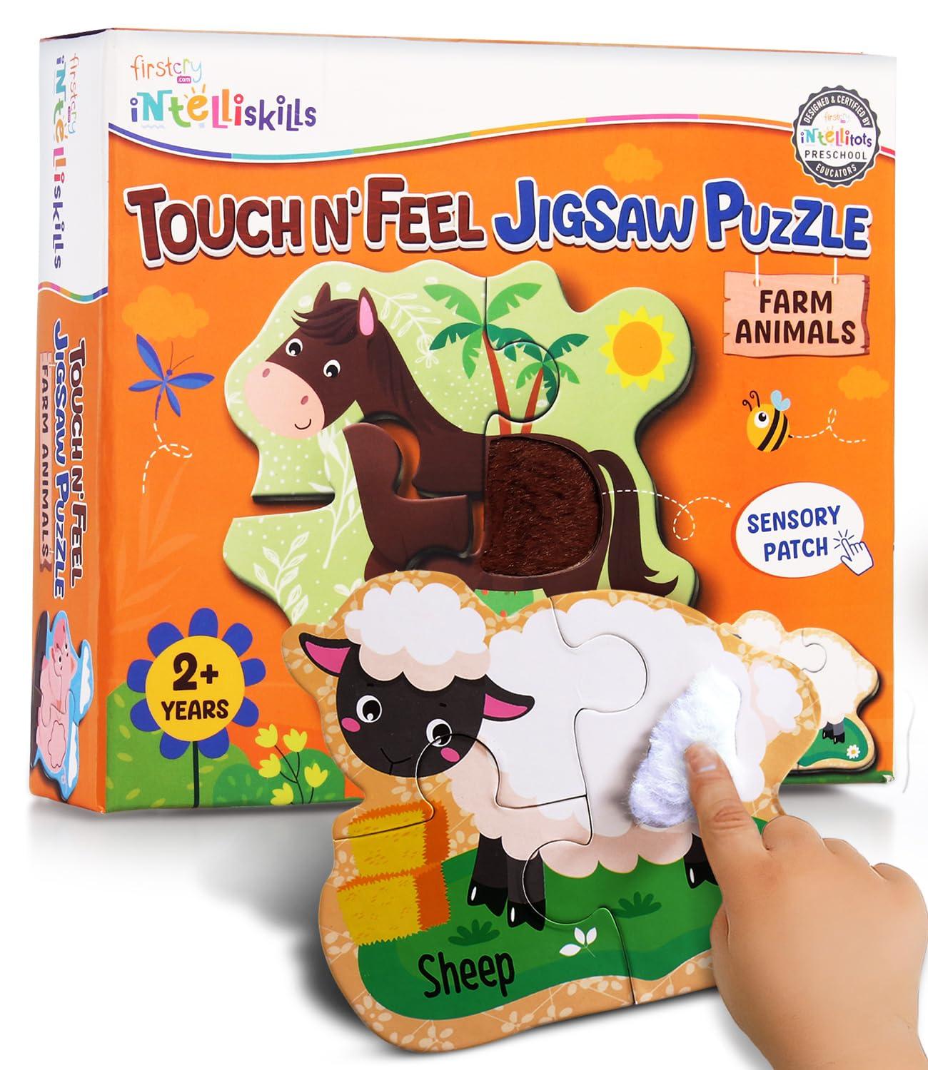Intelliskills Premium Touch N Feel Jigsaw Puzzle, Multi-Texture Pieces for Sensory Development,Kids Puzzle for 2-5 Years, Animal Jigsaw Puzzle, Fun Puzzle Game,Gifts for Kids,Pack of 4 (Farm Animals)