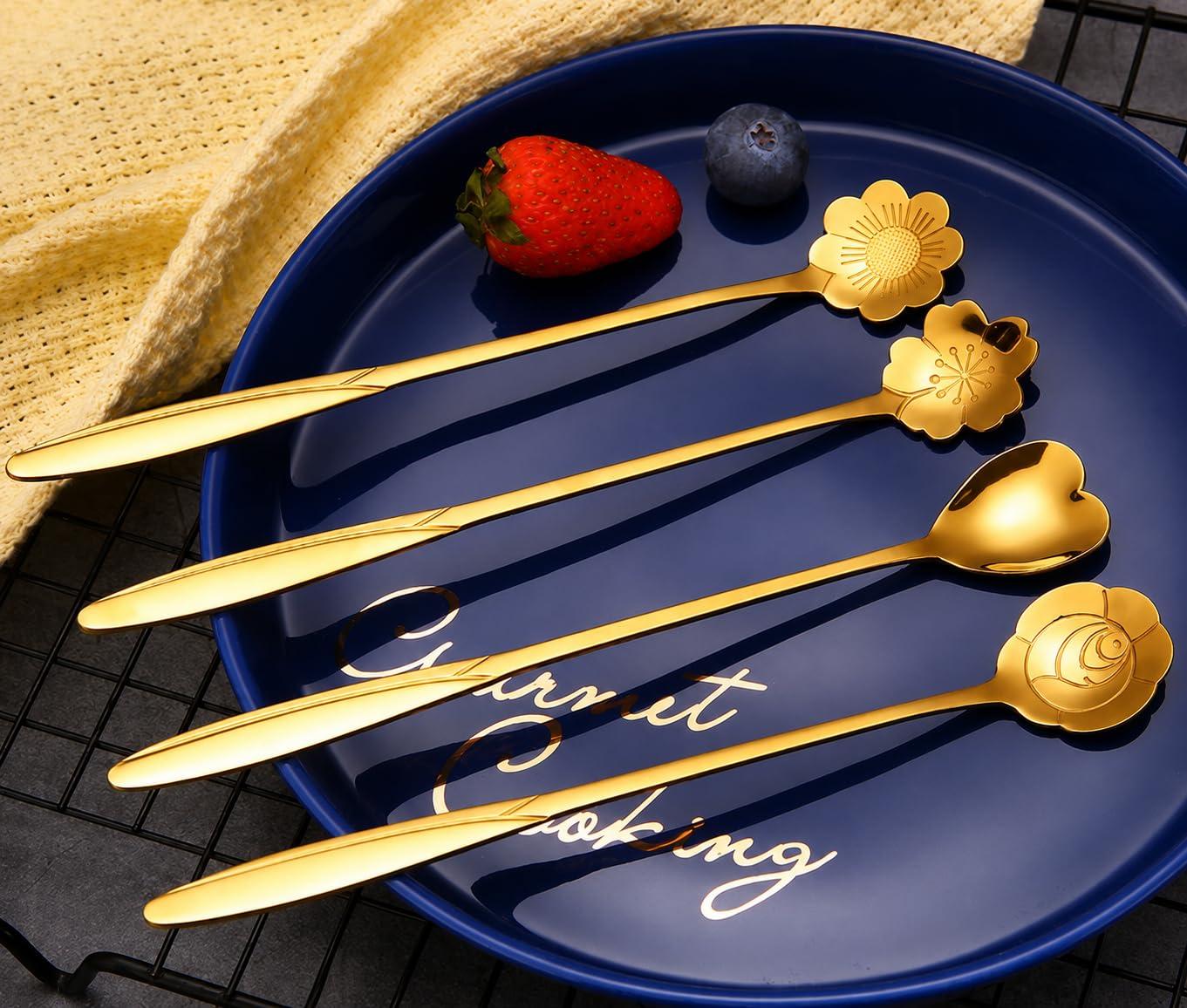 Golden Spoon Set/Coffee Spoon/Dessert Spoon/Cutlery Kitchen Tableware/Stainless Steel Gold Flower Shape Coffee Spoon 18cm, 4 Pcs (Gold-4)