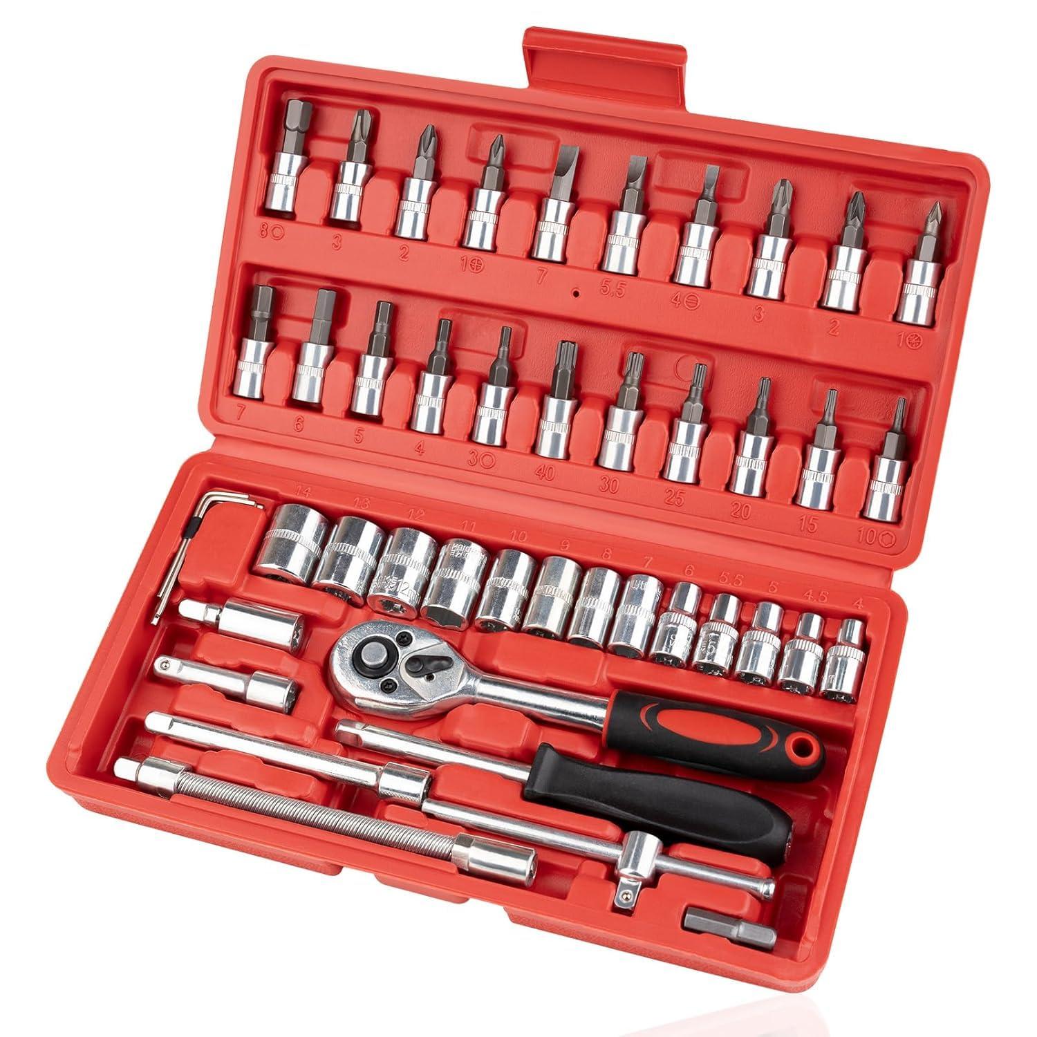 46 Piece Tool Kit Socket Wrench Set | Car Tool Kit & 2 Wheeler Tools Kit | Ratchet Set Box | Universal Wrench Set for Car, Bike, Home Repair & DIY Maintenance