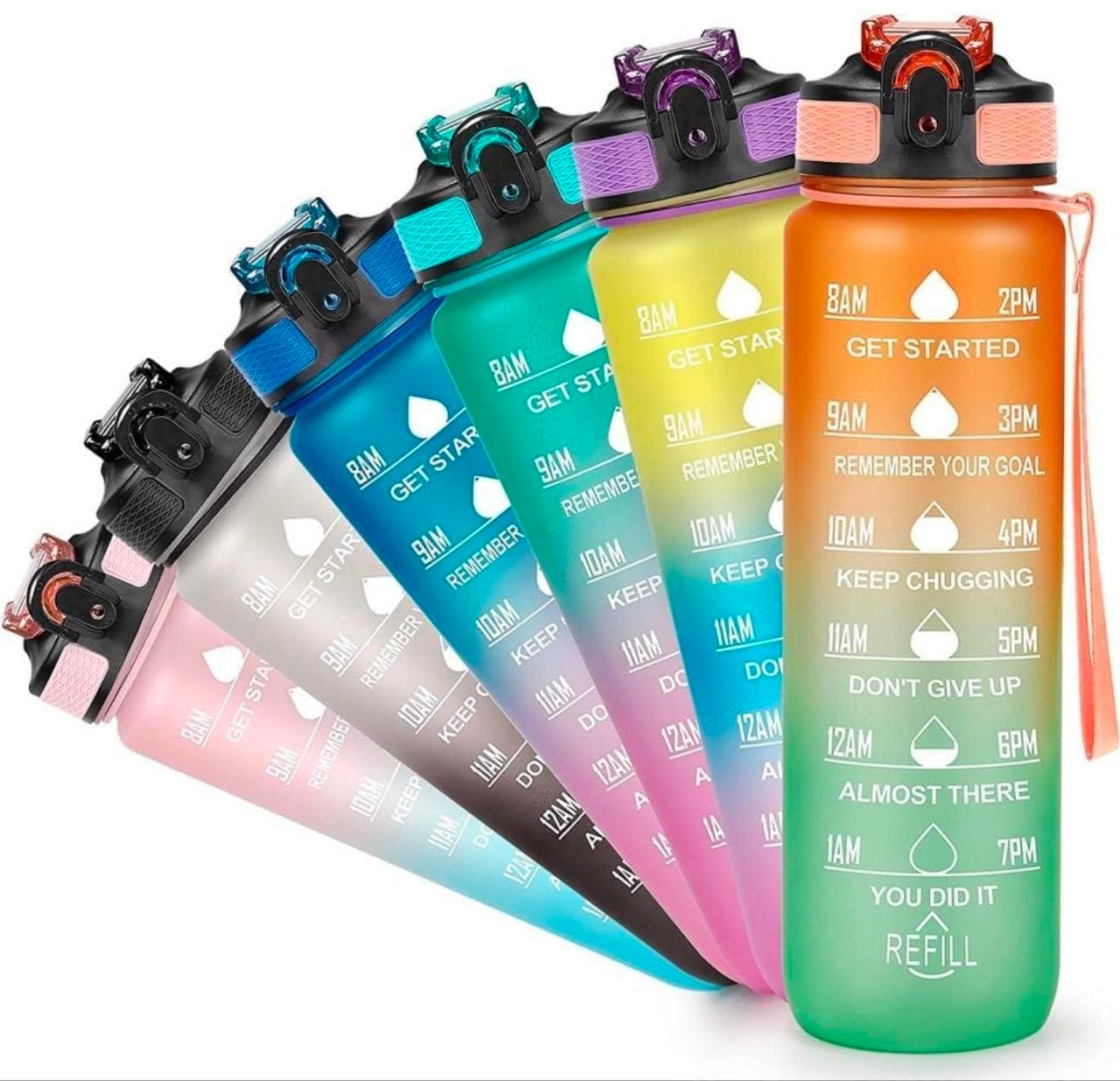 Motivational Water Bottle 1000 ML with Time Markings, Flip-Top Lid, Gradient Multicolour, for Gym and Outdoor Use