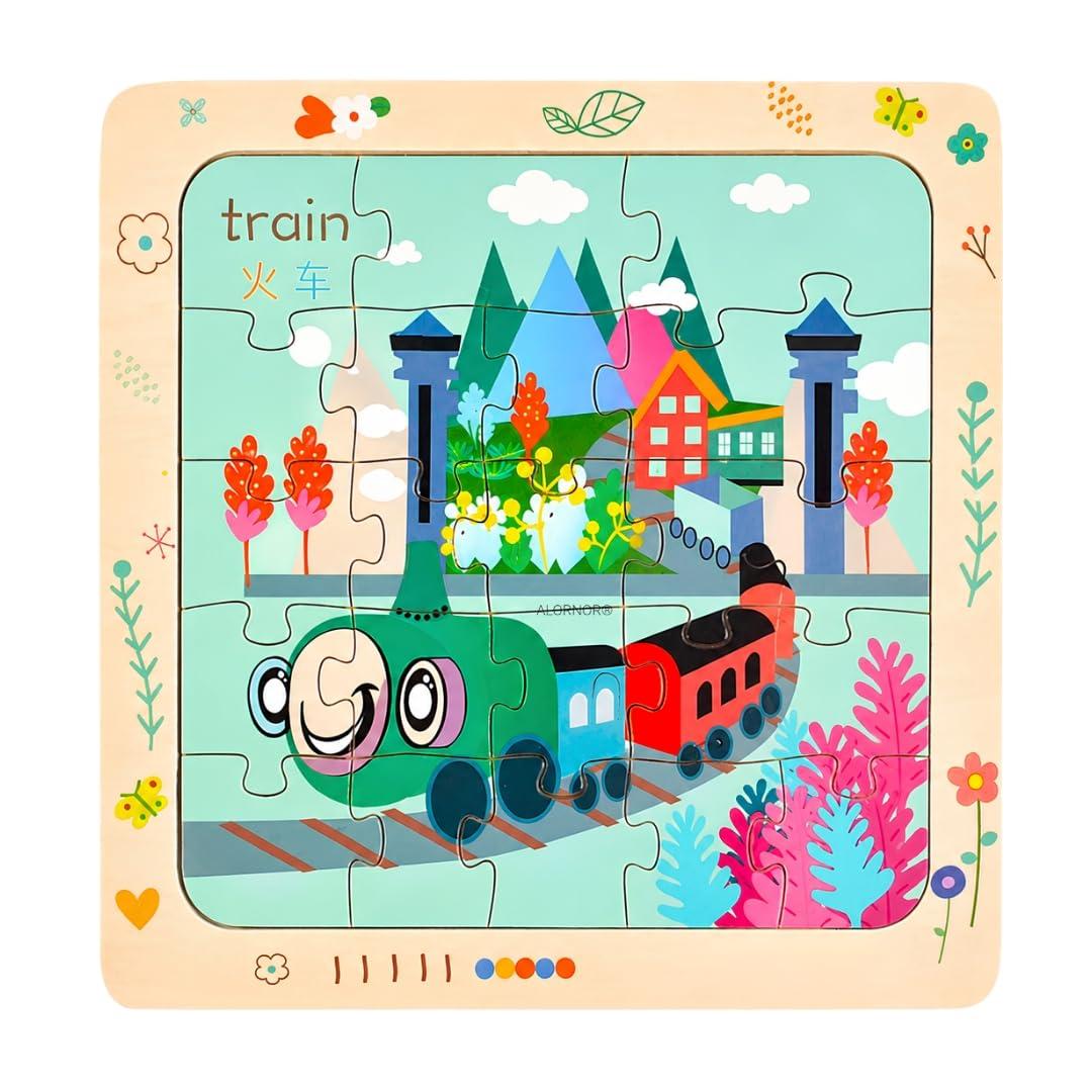 Train Puzzle for Kids, Wooden Jigsaw Puzzle, Educational Learning Toy for Kids, Colorful Railway Vehicle Puzzle Board, Brain Development Activity, Preschool Learning Toy for Boys & Girls.