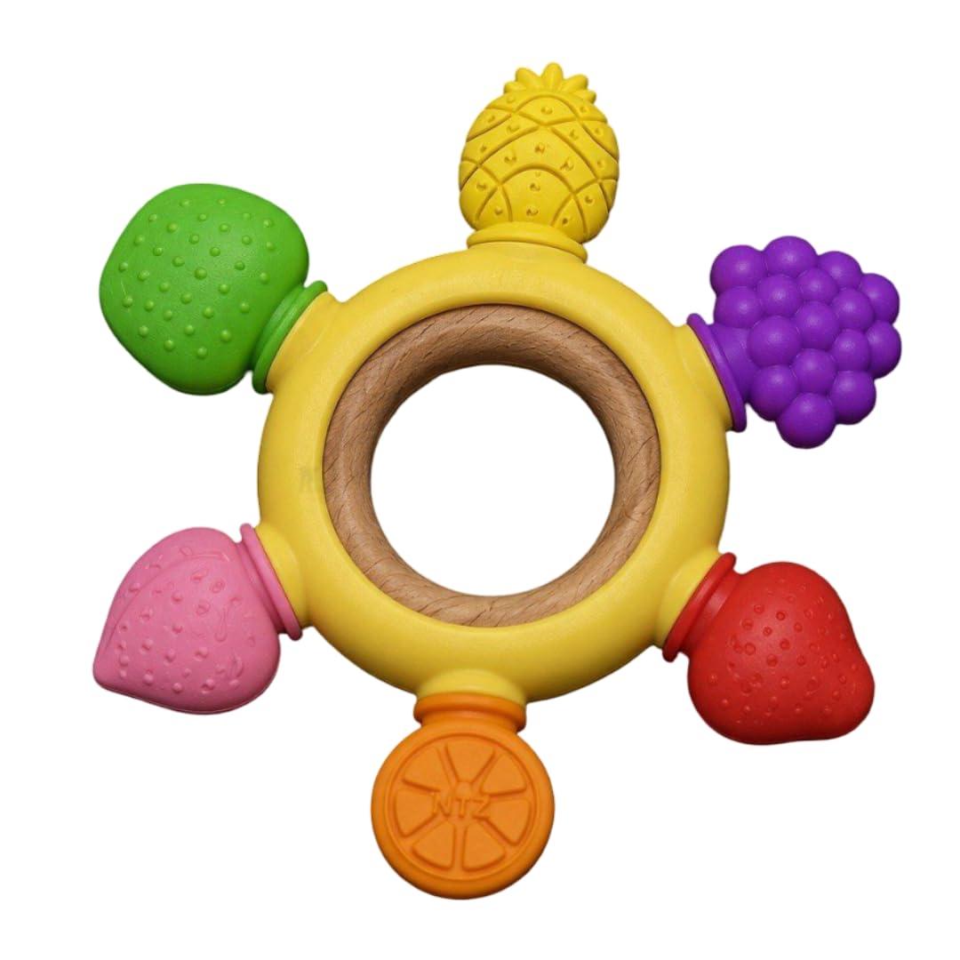 Silicone Baby Teething Ring with Wooden Center, Multi-Coloured Textured Sensory Baby Teether Toy with 6 Fruit Elements for 6-12 Months, Easy Grip Gum Soothing Toy