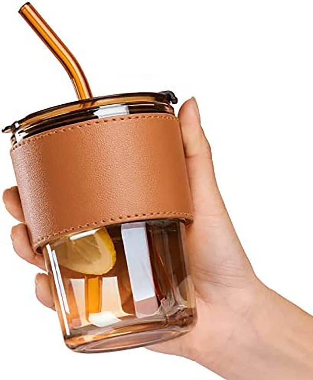 Coozico Glass Sipper with Leather Sleeve Glass Tumbler with Straw & Airtight Lid Glass Coffee Mug