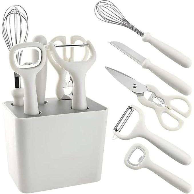 6 in 1 Kitchen Tool Set with Holder | Multipurpose Kitchen Gadgets Set | Vegetable Peeler, Bottle Opener, Egg Whisk, Cutter, Scissors |Decorative Base Kitchen Accessories Combo for Home