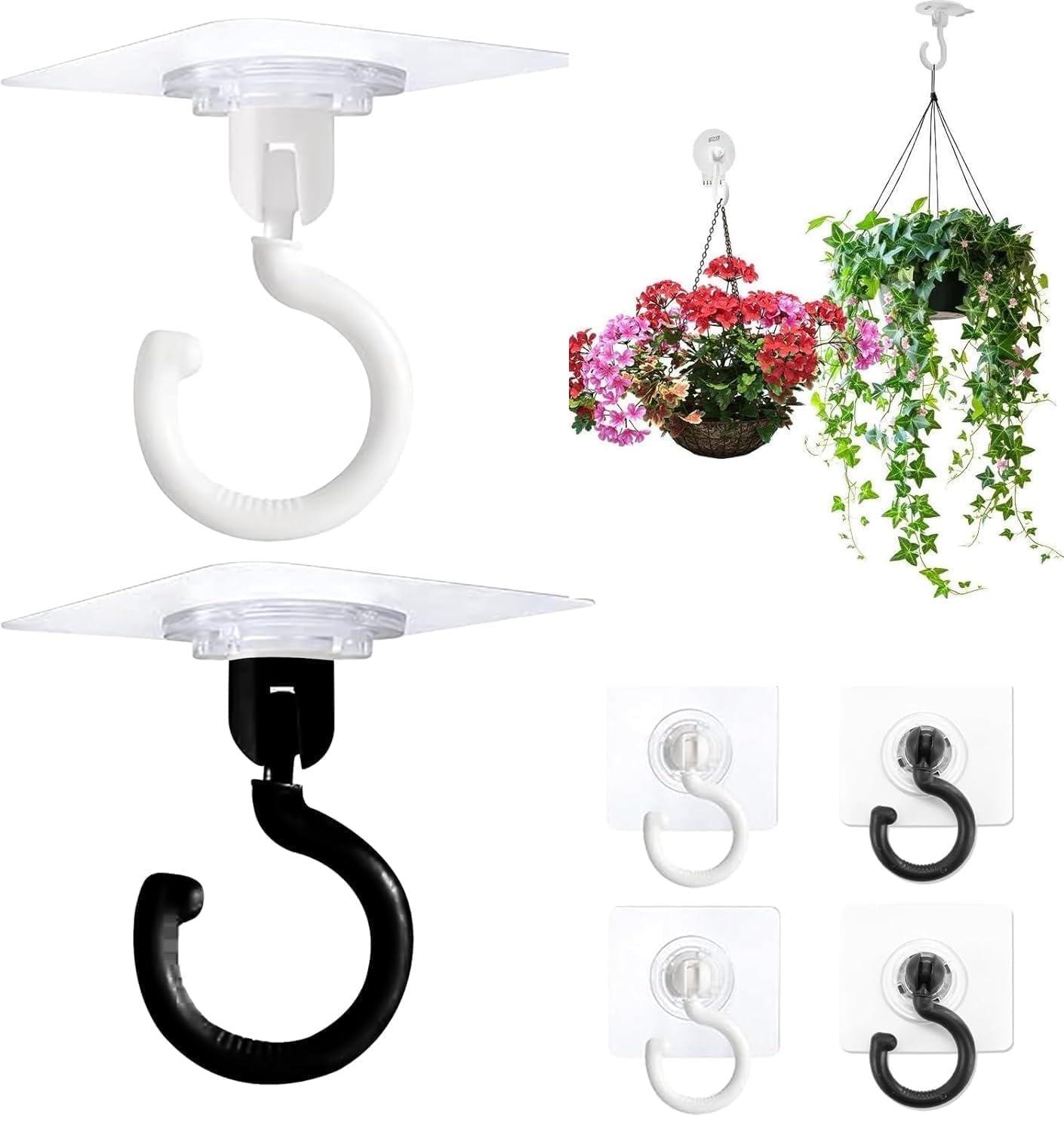 Heavy Duty 360° Rotating Self Adhesive Ceiling Hooks – No Drill, Waterproof Sticky Hooks for Hanging Plants, Wind Chimes, Lights & Mosquito Nets (1 Set (1 Black + 1 White = 2 Pieces))