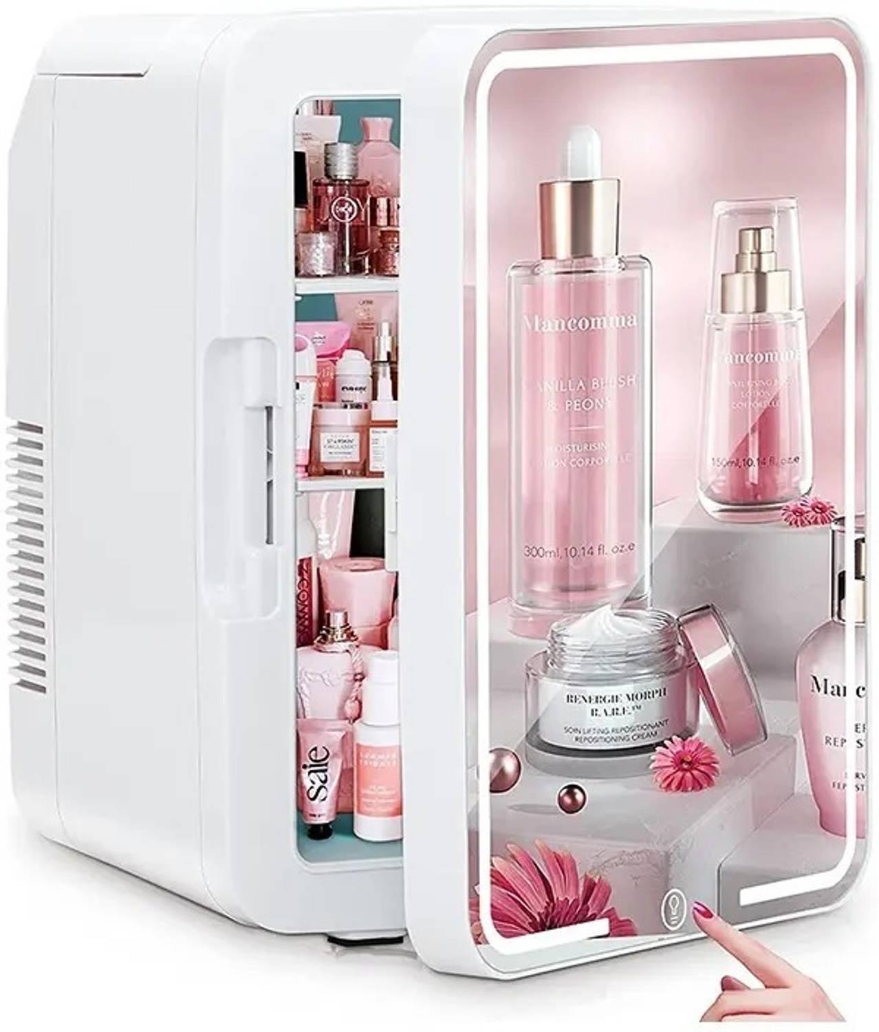 EBOFAB Mini Fridge 4L Portable Mini Cooler Warmer with LED Mirror ECO Noise Reduction Technology Compact and Quiet Small Fridge for Makeup 4 L Compact Refrigerator