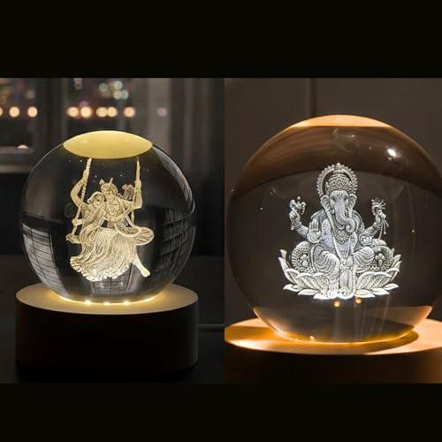 Pack of 2 Mahadev Shiva 3D Crystal Ball LED Night Lamp with Wooden Base | 2.4 Inch Laser Engraved Glass Sphere Light Set for Home Mandir Decor (Adiyogi Mahadev x 2)