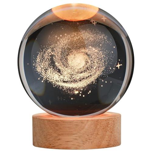 3D Galaxy Crystal Ball Night Light with Wooden Base, Dimmable LED Glass Ball Lamp with USB Power for Bedroom, Home, Office Desk, Table Decor & Ambient Lighting (Rain Cloud)