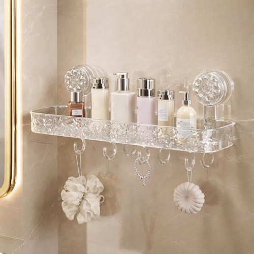 Wall Mounted Bathroom Storage Rack with Suction Cups – Double Shelf with Hooks – Transparent & Patterned Front Design (2)