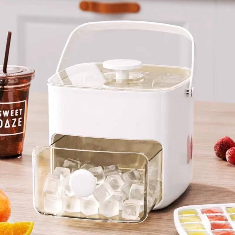 Manual Ice Cube Maker with Storage Box & Dispenser | One-Press Ice Cube Tray with Lid | Easy Release Ice Maker Container for Freezer | Portable Ice Storage Box (White)