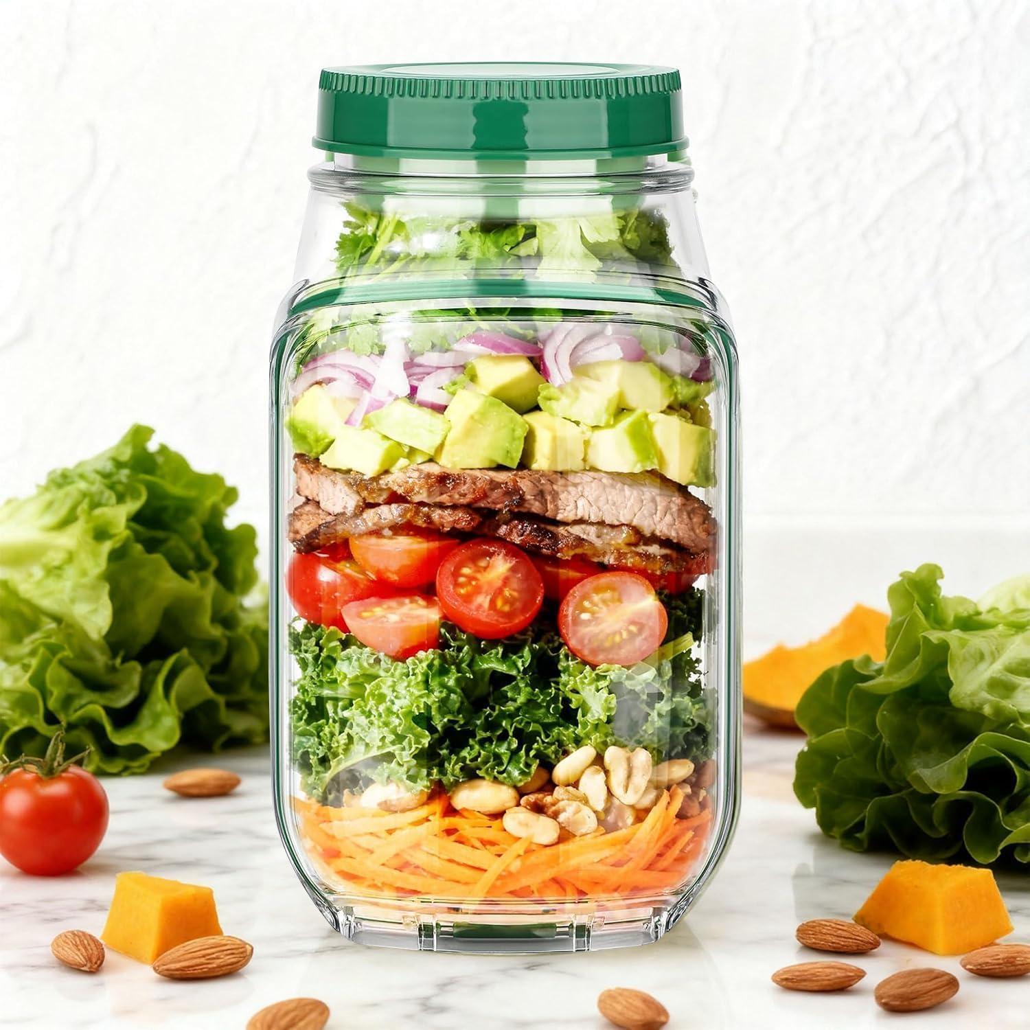 Jilson Salad Jar with Detachable Dry-Wet Separation Chamber, Side Opening Lid & Dressing Cup, Leakproof Meal Prep Container with Upgraded Locking Buckle, 1000ml