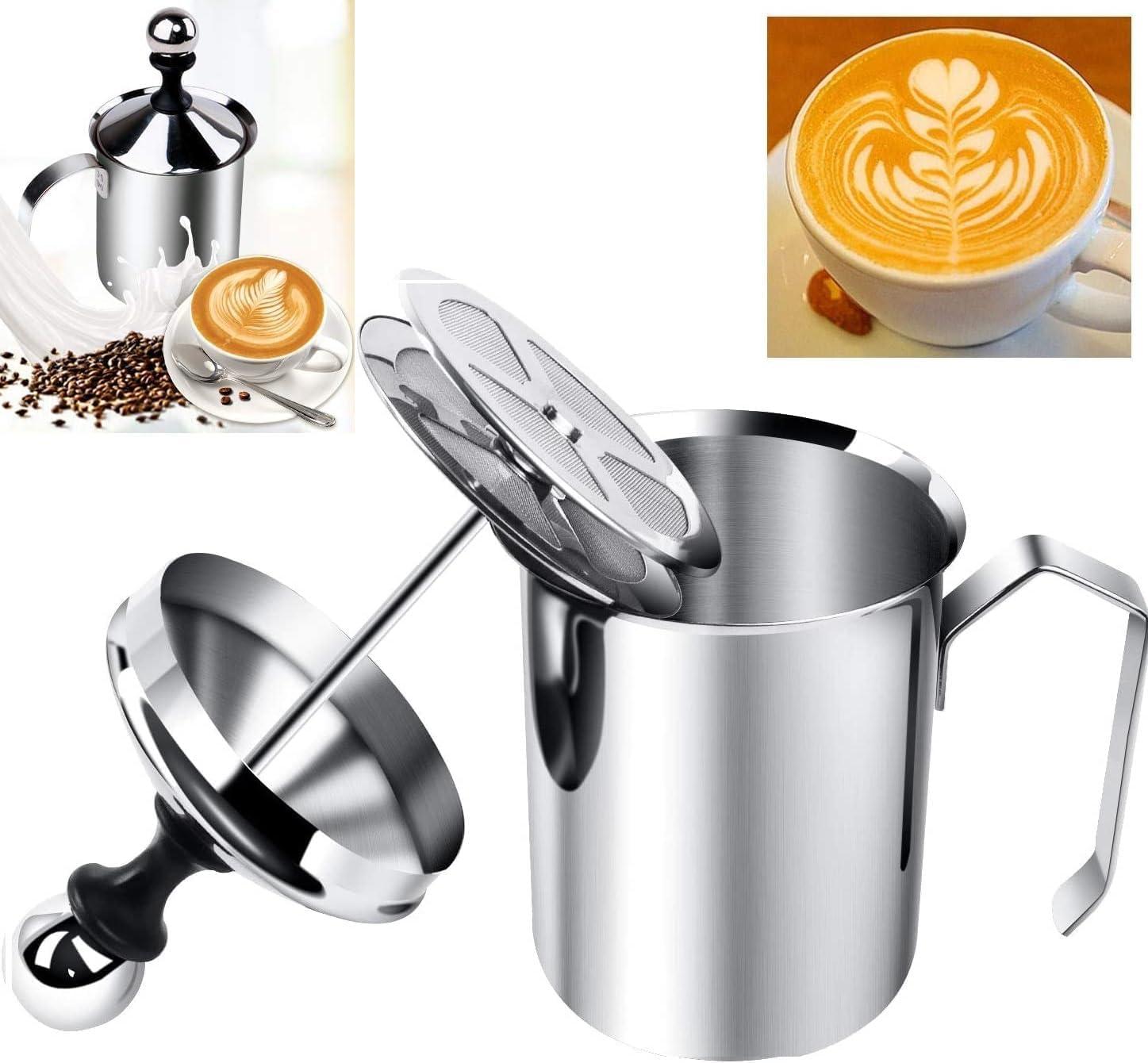 VINSU Stainless Steel Milk Frother for Coffee and Cappuccino - Double Froth Pump Manual Foam Maker - Hand Pump (400ml)
