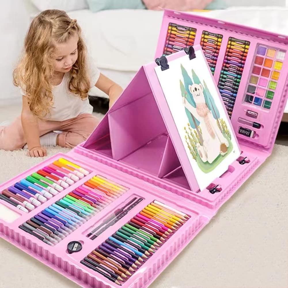 XDISHYN 208 Pieces Art Supplies, Brand Drawing Set for Kids and Adults, Art Set with Double Sided Tri-Fold Easel, Oil Pastels, Crayons (Pink)