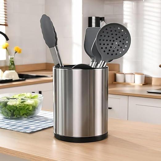 360-Degree Rotating Stainless Steel Cutlery Holder, Kitchen Utensil Organizer with Swivel Base for Countertop Storage