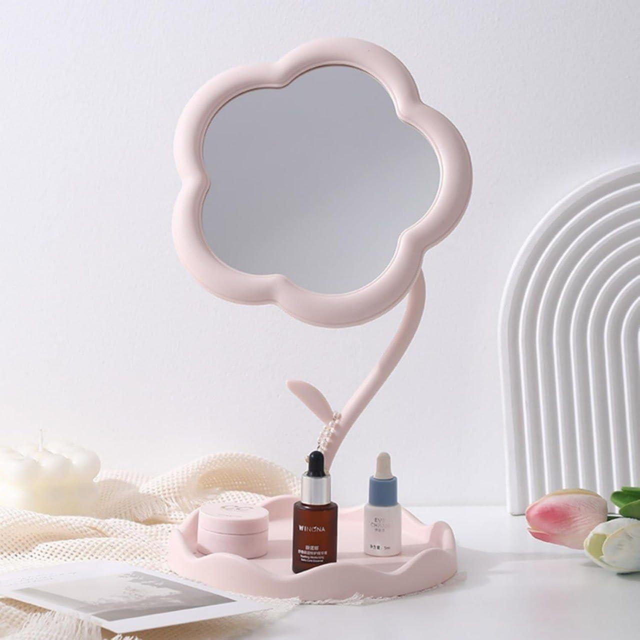 Cute Flower-Shaped Makeup Mirror with Stable Tray Base | 360° Adjustable Flexible Vanity Mirror for Tabletop, Bedroom, Bathroom, Living Room | 29L x 16W (Pink, Pack of 1)