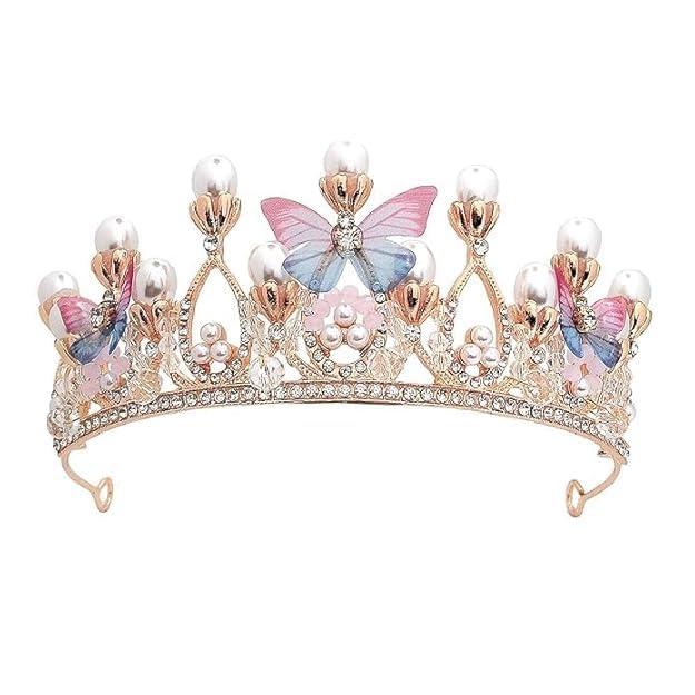 Butterfly Pearl Crystal Tiara Crown for Women & Girls – Gold Plated Rhinestone Princess Headpiece for Wedding, Birthday, Party, Fancy Hair Accessory