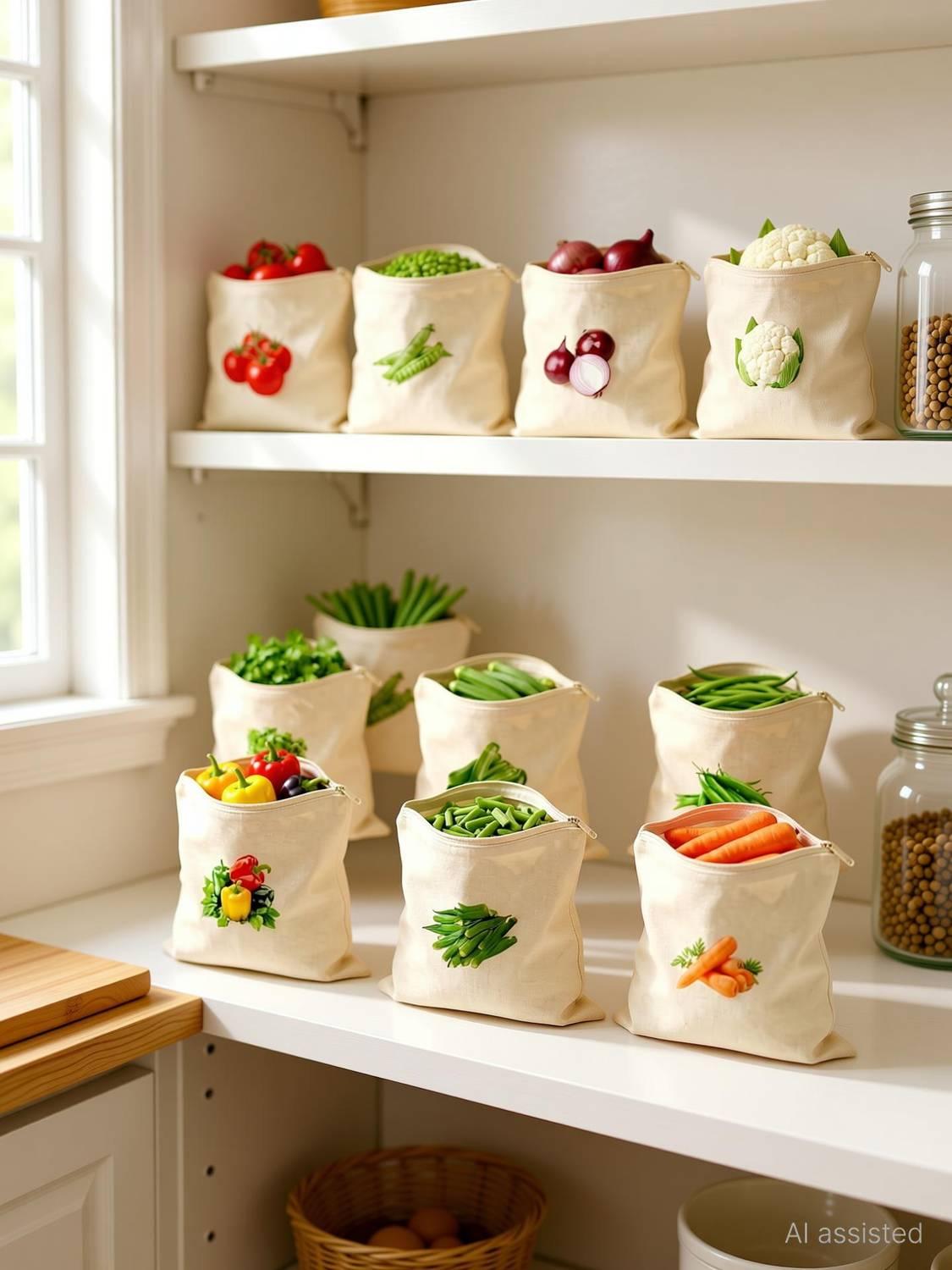 TATSAM 100% Cotton Reusable Vegetable Bags for Fridge | Kitchen Vegetable Zipper Bags Pack of 10 Grocery Bags