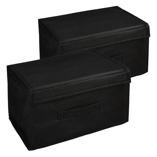 Amazon Brand - Solimo Drawer Storage Box | Plain Non-Woven Clothes Organizer For Toys With Handle | Medium | Plain Design (Black, Pack Of 2), Clothing